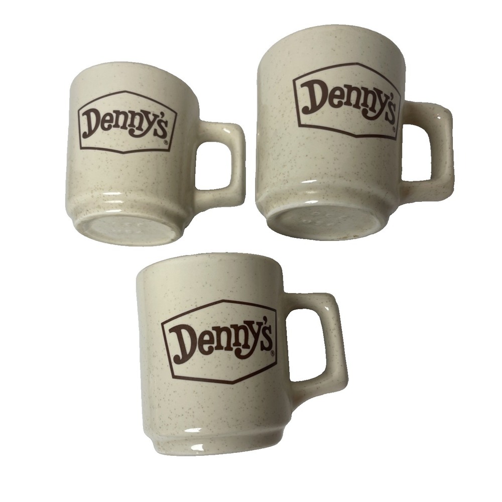 3 VTG. Denny's Diner Coffee Cup Mugs Beige Speckled Stoneware Restaurant Collect